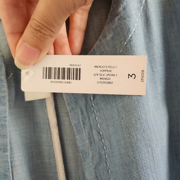 Chico's Women's Indigo Eyelet Topper 3/4 Sleeve Jacket Duster Size 3 NWT - Picture 8 of 10